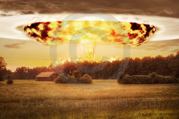 Atomic Bomb and Mushroom Cloud over Rural Landscape