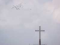 Flock of Ravens Flying over Cross