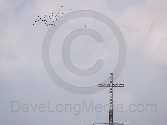 Flock of Ravens Flying over Cross