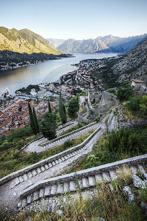 Steps Winding up to Historic Ruins Overlooking Kotor Bay and Cit