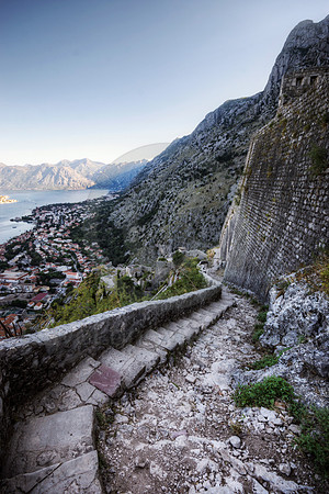 Steps Winding up to Historic Ruins Overlooking Kotor Bay and Cit